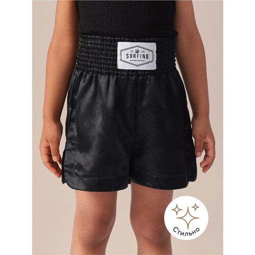 88169, Шорты детские атласные Happy Baby шорты для девочки, пояс на резинке, спортивный стиль, черные, размер 86-92