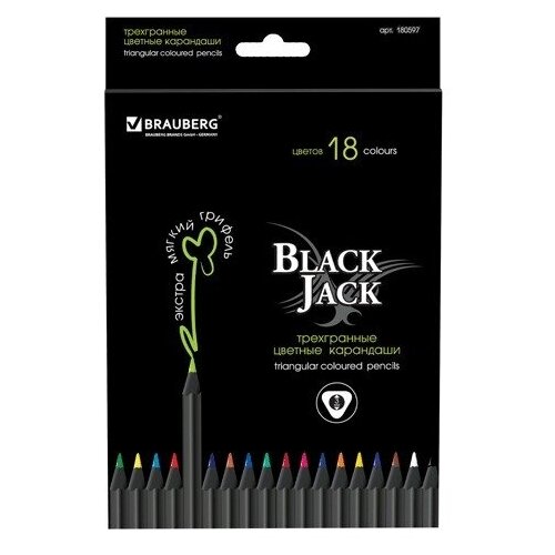 Карандаши цветные Brauberg Black Jack, 18 цветов, трехгранные, черное дерево (180597)