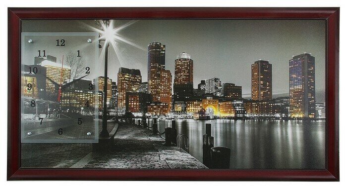 Сюжет Часы-картина настенные, серия: Город, "Ночной Бостон", 50 х 100 см