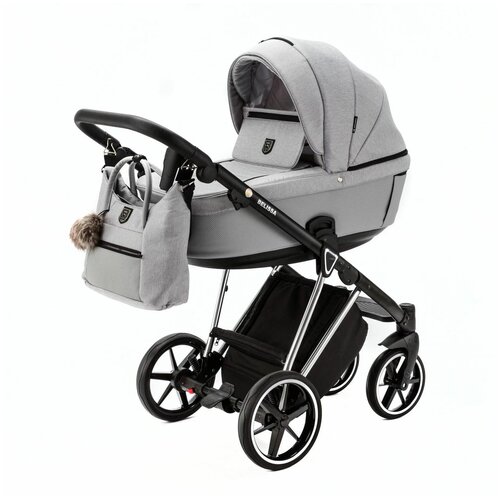 Коляска для новорожденных 2 в 1 Adamex Belissa Se, всесезонная прогулочная детская коляска светло-серый текстиль и эко-кожа