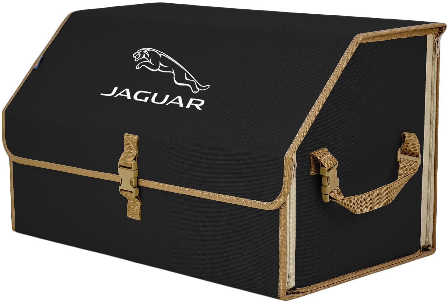 Органайзер-саквояж в багажник "Союз" (размер XL). Цвет: черный с бежевой окантовкой и вышивкой Jaguar (Ягуар).