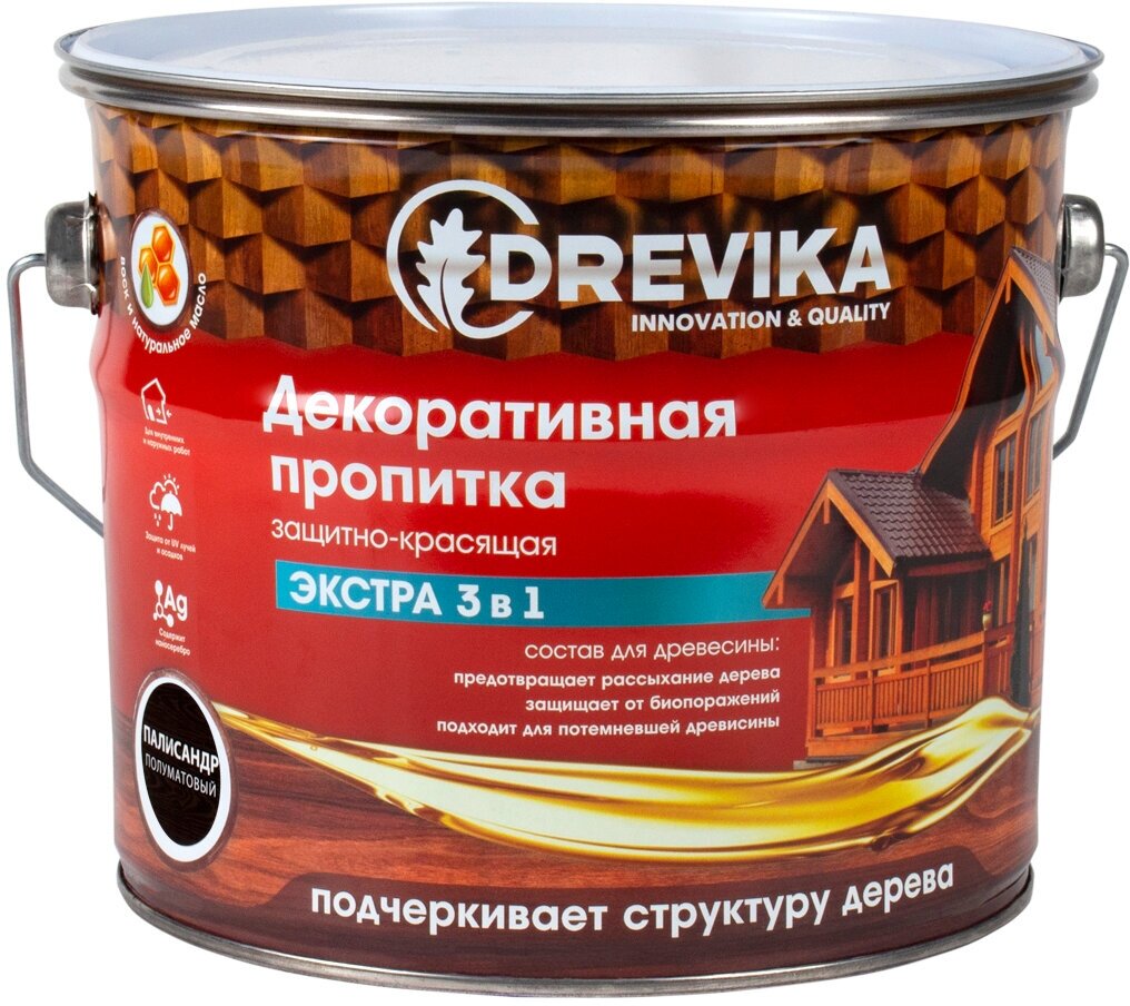 фото Декоративная пропитка для дерева Drevika Экстра 3 в 1, полуматовая, 3 л, палисандр