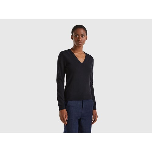 Пуловер UNITED COLORS OF BENETTON, шерсть, длинный рукав, полуприлегающий силуэт, размер L, черный