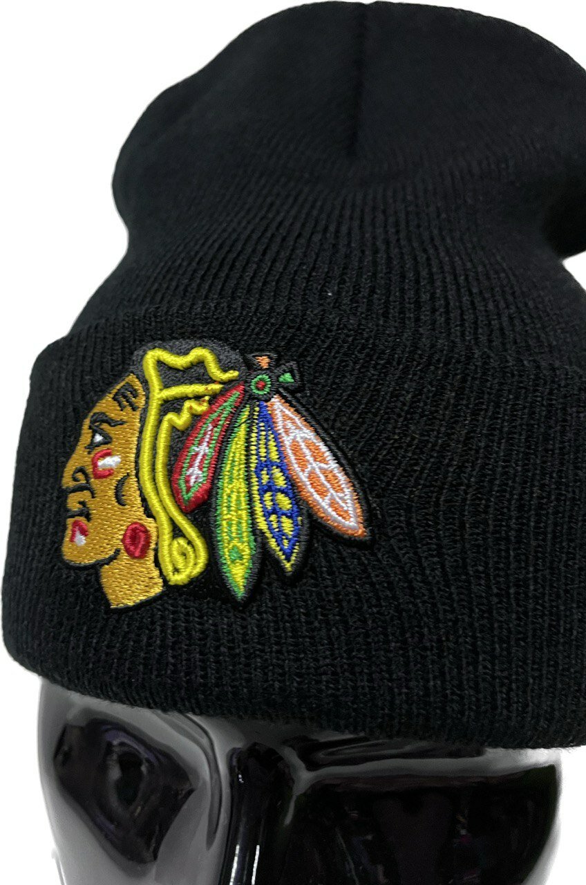 Шапка-бини Чикаго Блэкхокс Шапка хоккейного клуба CHICAGO BLACKHAWK черная для мужчин, размер one size, черный/оранжевый — фото 1