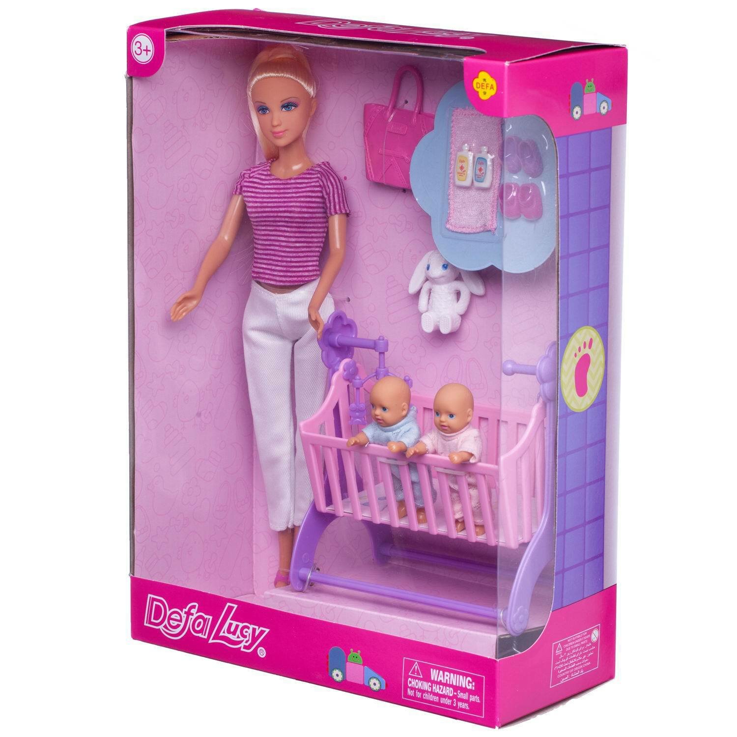 Игровой набор Кукла Defa Lucy Молодая мама с 2 близнецами в кроватке (полосатая футболка, белые брюки) 8359d/полосатая