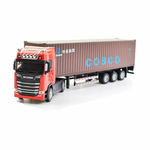 Модель грузовика тягач Скания с прицепом-контейнером, инерционная, свет-звук, 1:43, 31 см.