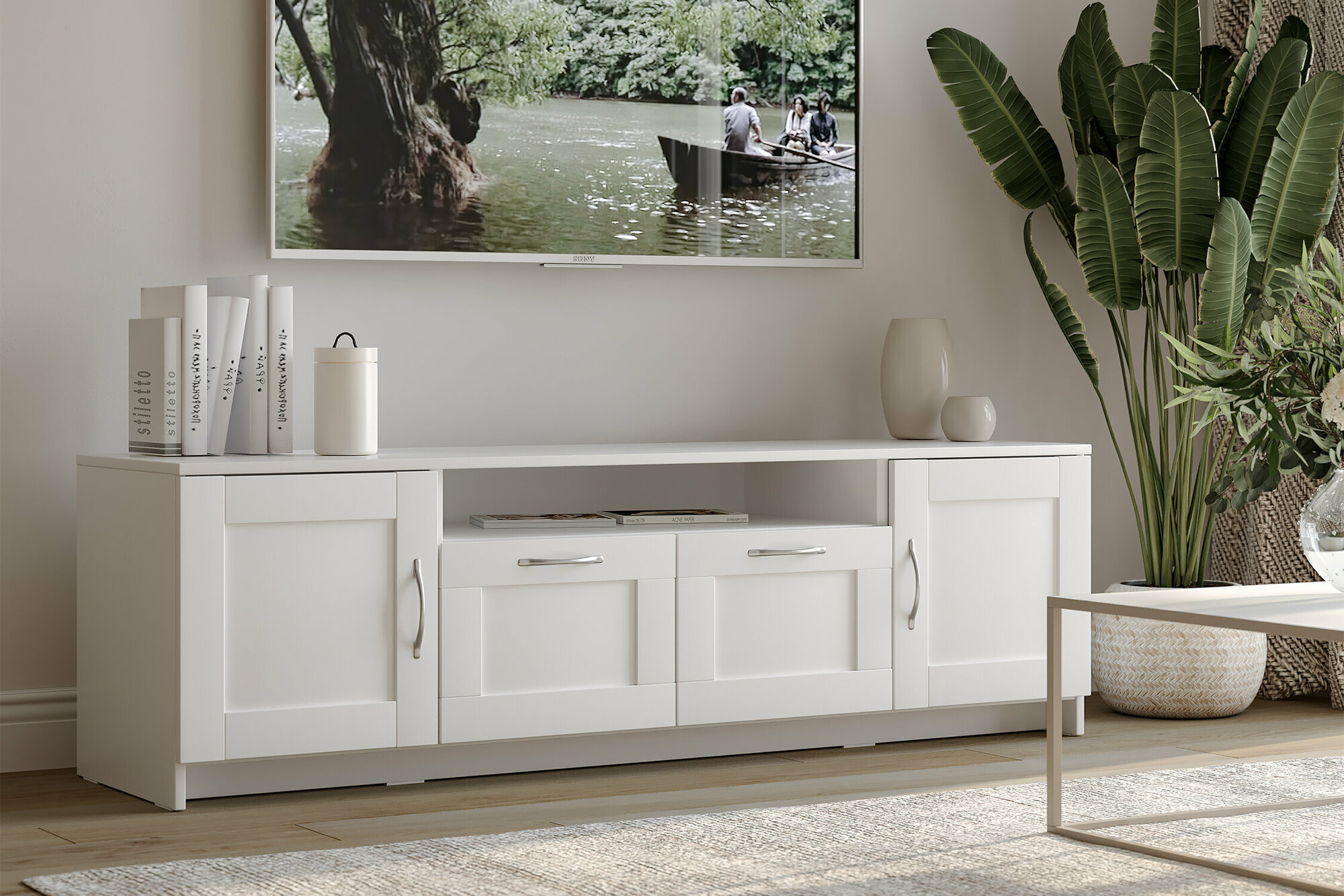 фото Тумба под ТВ VMG Industry Сириус белая 156х41.2х47.1 см
