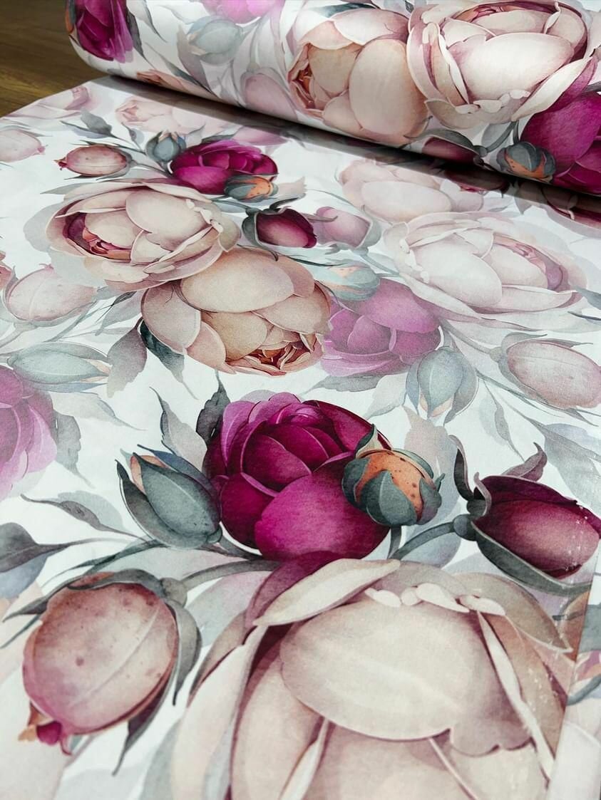Ткань Сатин Люкс мерсеризованный Диджитал печать Турция Бордовые пионы на светлом 100% хлопок. 100x240см