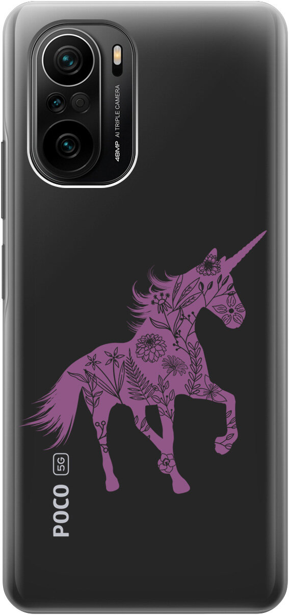 Силиконовый чехол на Xiaomi Poco F3, Сяоми Поко Ф3 с 3D принтом "Floral Unicorn" прозрачный