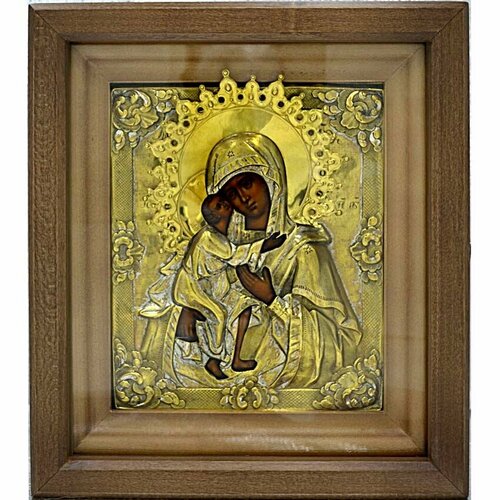 Феодоровская икона Божией Матери старинная писанная в окладе. знамение старинная писанная икона божией матери в окладе 28 х 32 х 7 см