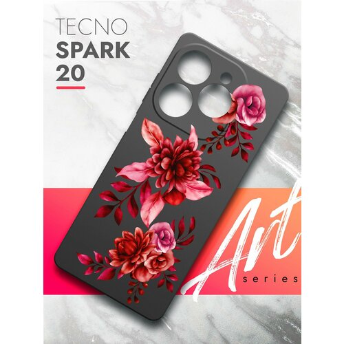 Чехол на Tecno Spark 20 (Техно Спарк 20) черный матовый силиконовый с защитой (бортиком) вокруг камер, Brozo (принт) Гранатовые Цветы чехол на tecno spark 20 техно спарк 20 черный матовый силиконовый с защитой бортиком вокруг камер brozo принт корги шарики