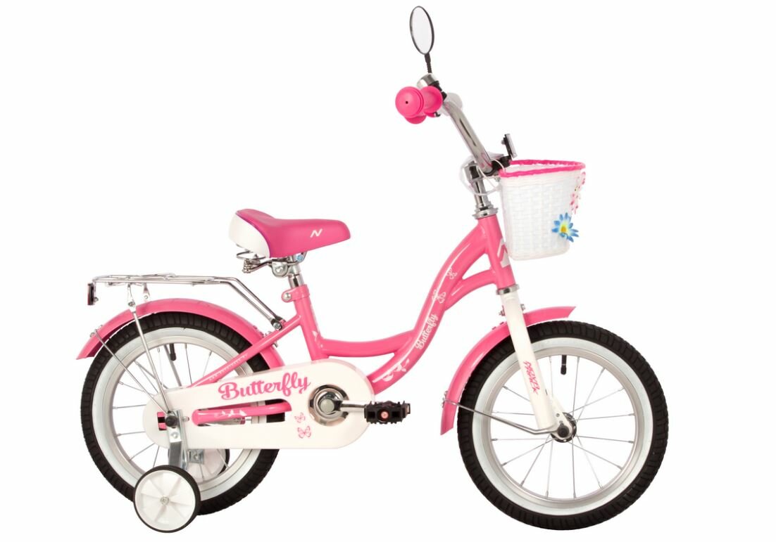 фото Велосипед детский NOVATRACK 16"167BUTTERFLY. PN23 розовый, тормоз нож, крылья и багаж хром, корз, пол