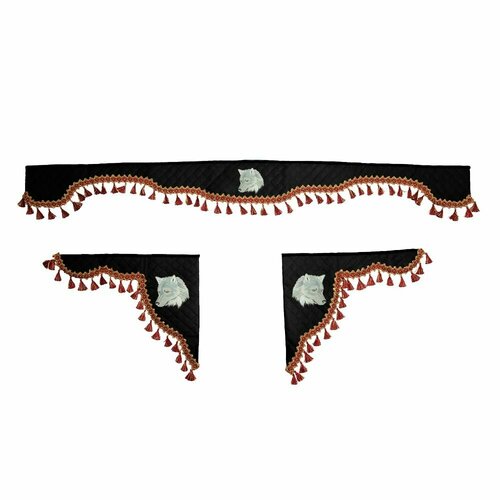 Шторка автомобильная универсальная волк для грузовиков 7-25 тонн Комплект ламбрекен с косынками Шторки солнцезащитные на лобое и боковые двери Черный цвет с красными кистями 4900₽