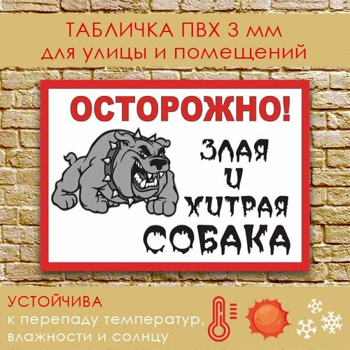 Табличка шуточная из ПВХ 3мм "Осторожно злая и хитрая собака ", 21х30 см, Дешево красный, черный