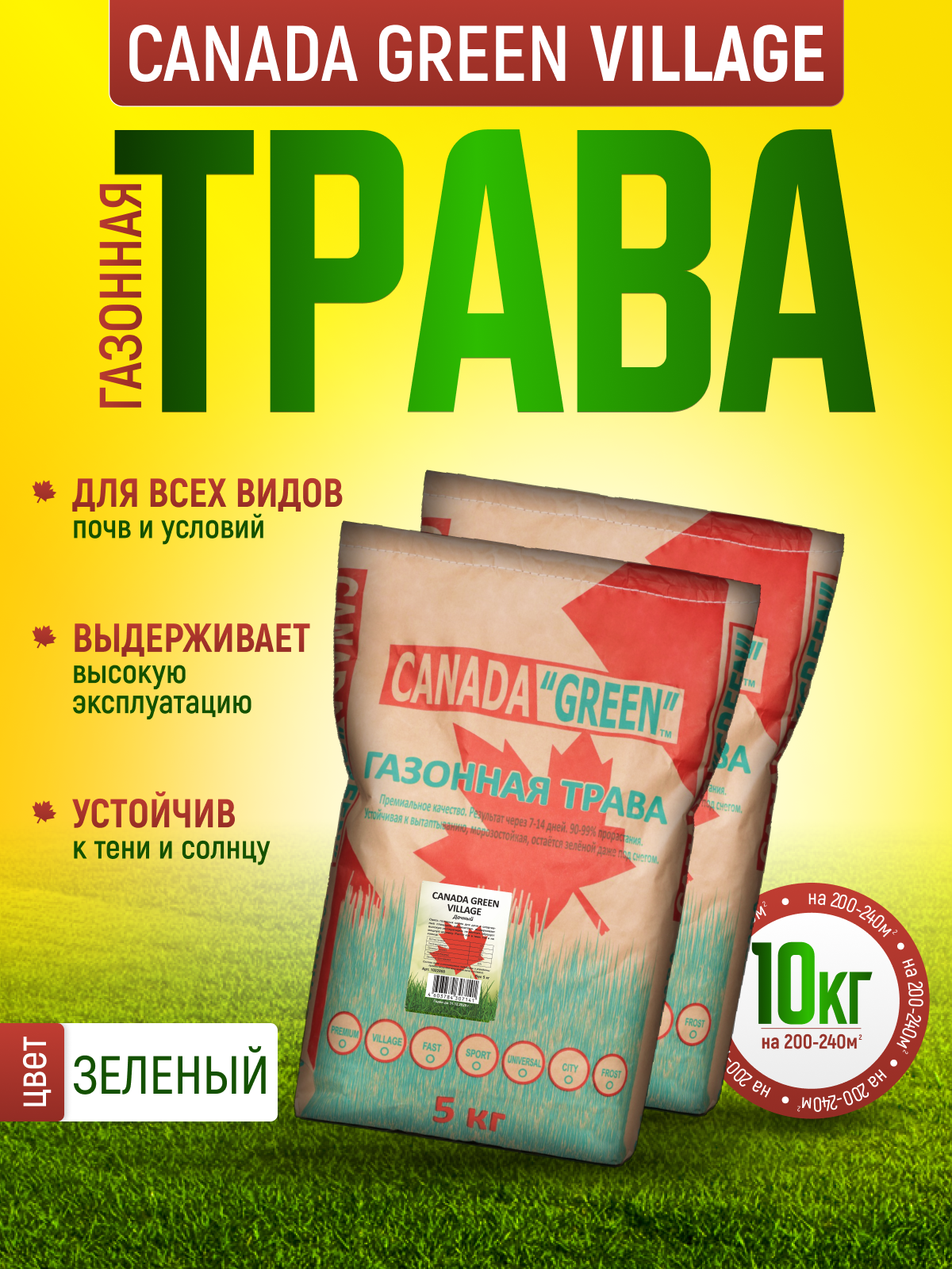 Газонная трава семена Канада Грин Дачная 10кг / Канада Грин Дачный 10 кг / семена газона райграс, мятлик, овсяница