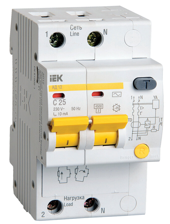 Автоматический дифференциальный выключатель тока IEK 2п 3.5модуля C 25A 10mA тип AC 4.5kA АД-12 ИЭК MAD10-2-025-C-010