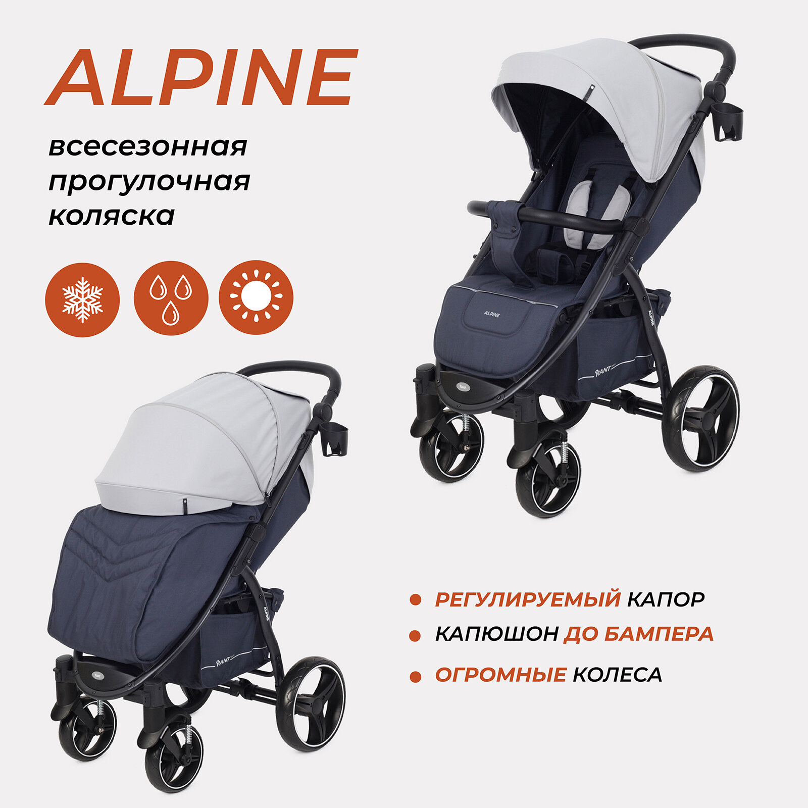 Коляска прогулочная всесезонная Rant basic Alpine RA450, Grey