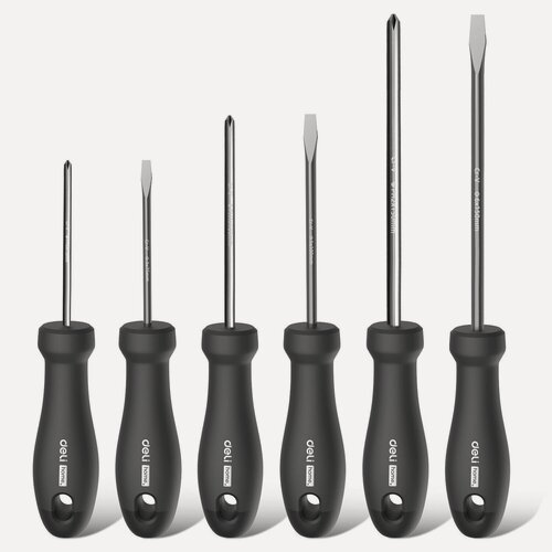 Изображение товара Набор отверток "Home Series Black" 6шт Deli HT1006 (SL3/PH0x75мм, SL5/PH1x100мм, SL6/PH2x150мм, Cr-V, эксклюзивный дизайн, софттач, магнит) 104596