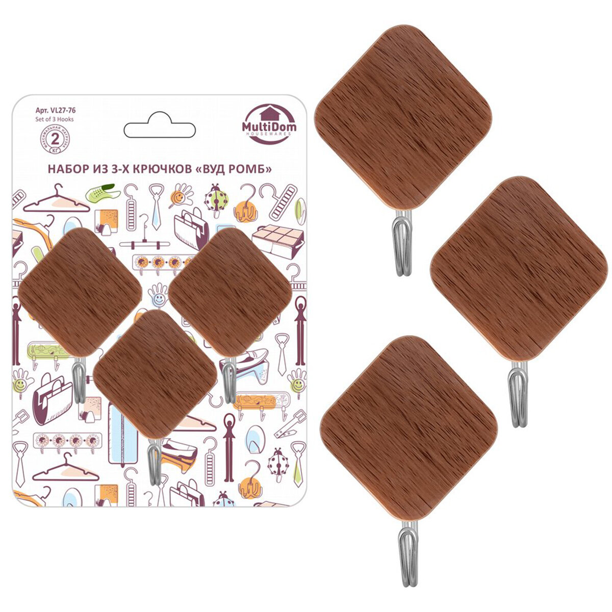 Комплект самоклеящихся крючков Мультидом Вуд ромб коричневый пластик/ металл 3 шт