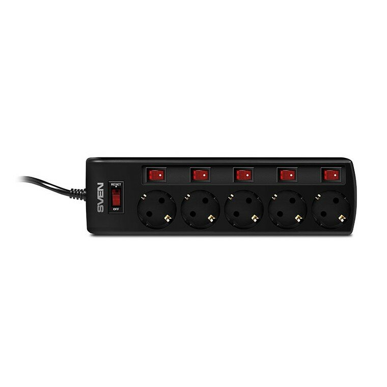 Сетевой фильтр Sven SF-05PL 5 евро розеток с индивидуальными выключателями, 3,0 м черный — фото 1