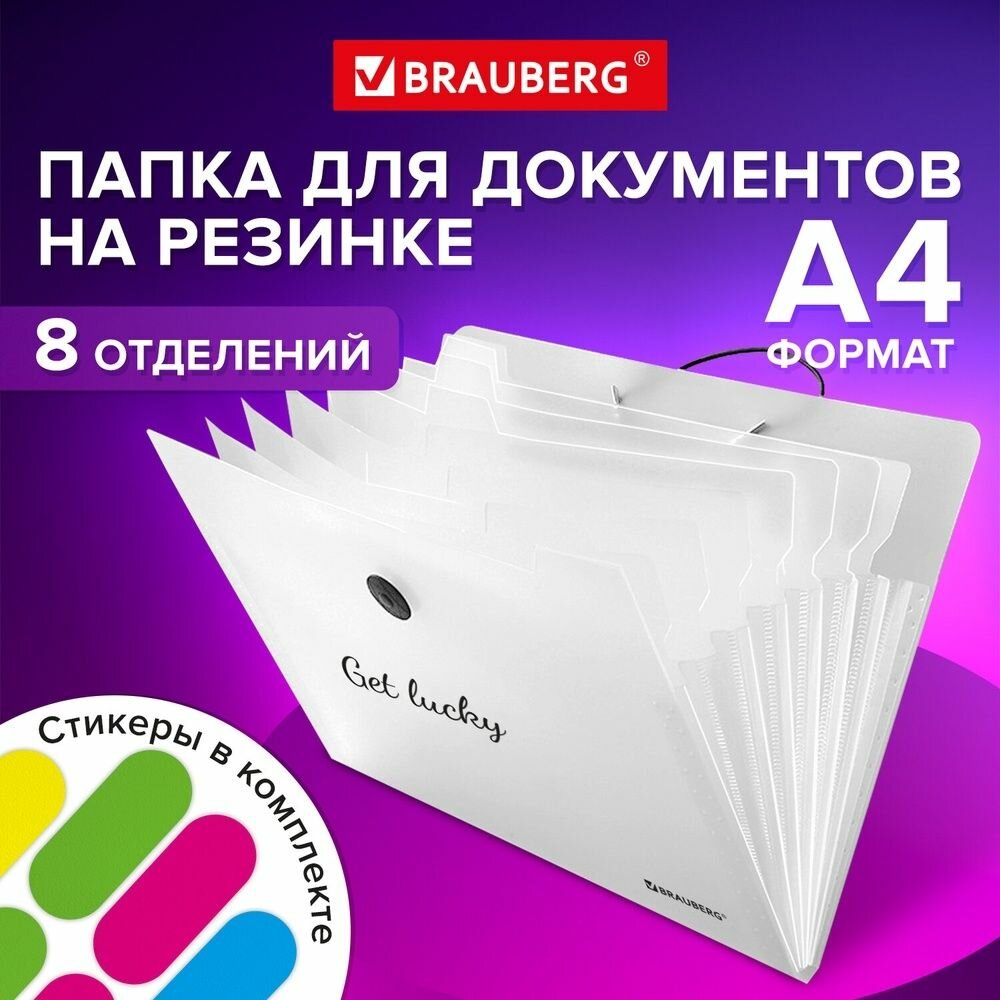 Папка органайзер Brauberg на резинке, 8 отделений, "Glassy", А4, прозрачная