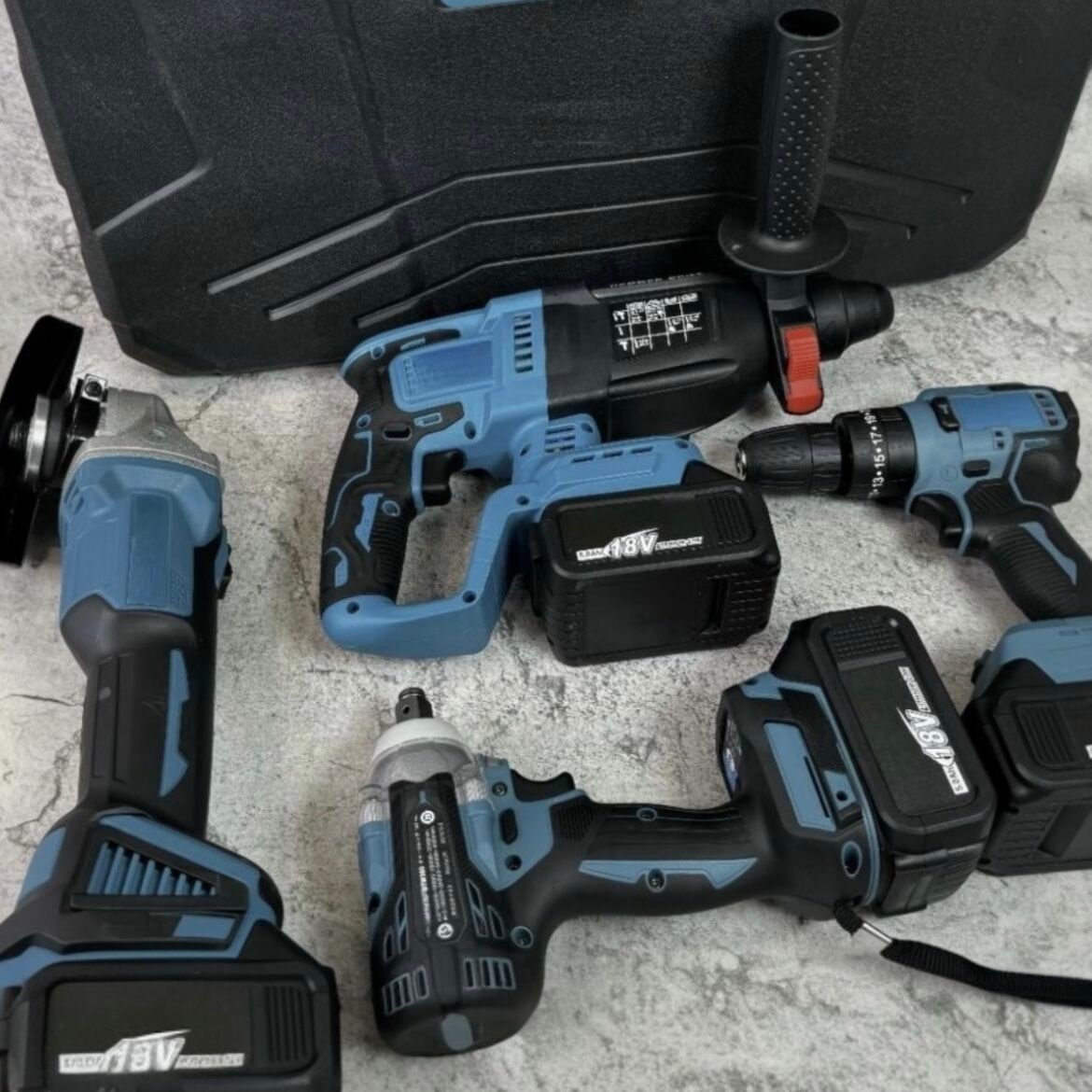 Набор аккумуляторного инструмента 4 в 1 / Шуруповерт Болгарка Перфоратор Гайковерт / 18V 5.0 Ah