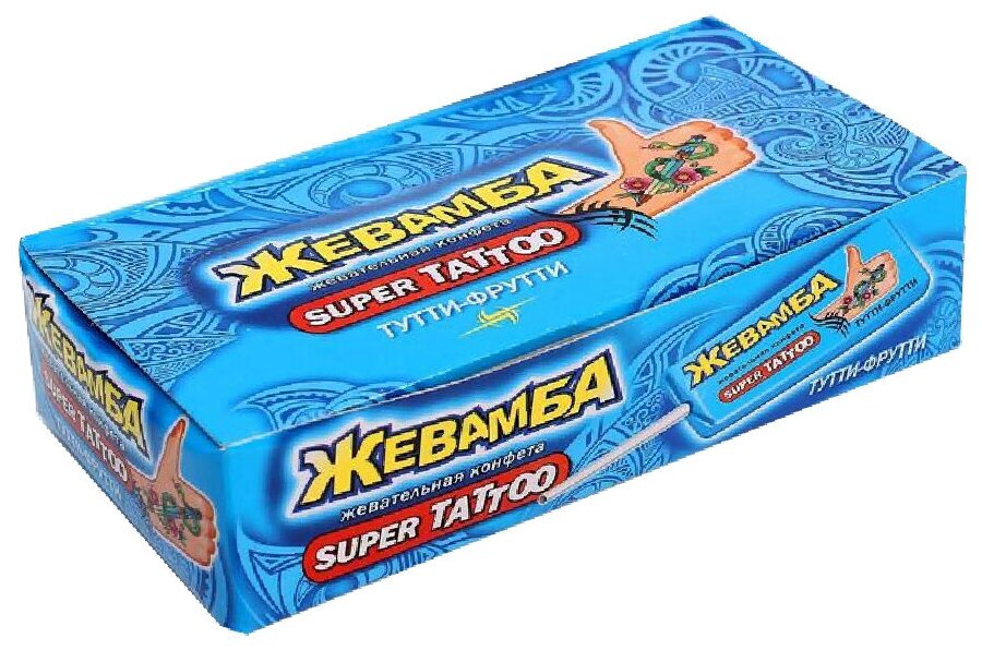 Жевательная конфета на палочке жевамба SUPER TATTOO тутти-фрутти, 50 шт по 10гр, с татуировками Канди Клаб. - фотография № 4