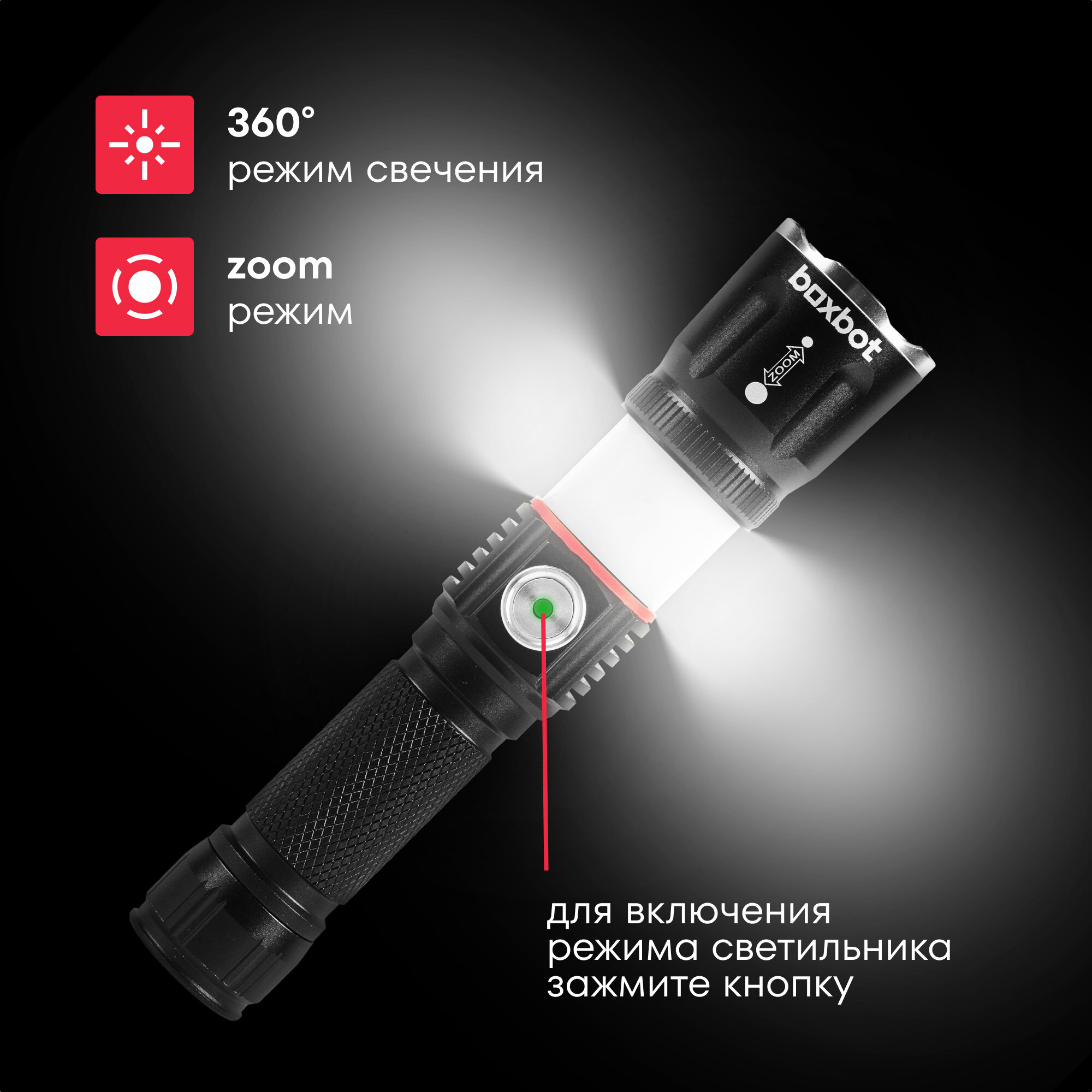Фонарь аккумуляторный Boxbot с функцией светильника, магнит на торце, артикул FLSH_001 — фото 1