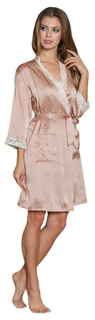 Халат Mia-Mia укороченный, на завязках, карманы, пояс, размер XS(42), бежевый, розовый