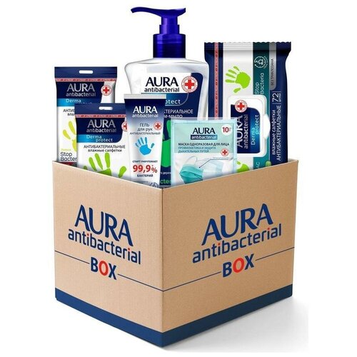 Купить Комплект антибактериальных средств Aura Antibacterial Box (гель для рук, влажные салфетки х 3 упаковки, крем-мыло, маска одноразовая), 1205176, Влажные салфетки