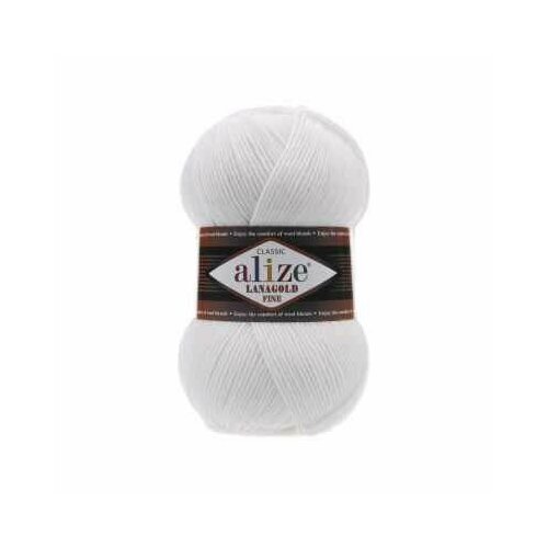 Пряжа для вязания Ализе LanaGold Fine (49% шерсть, 51% акрил) 5х100г/390м цв.055 белый