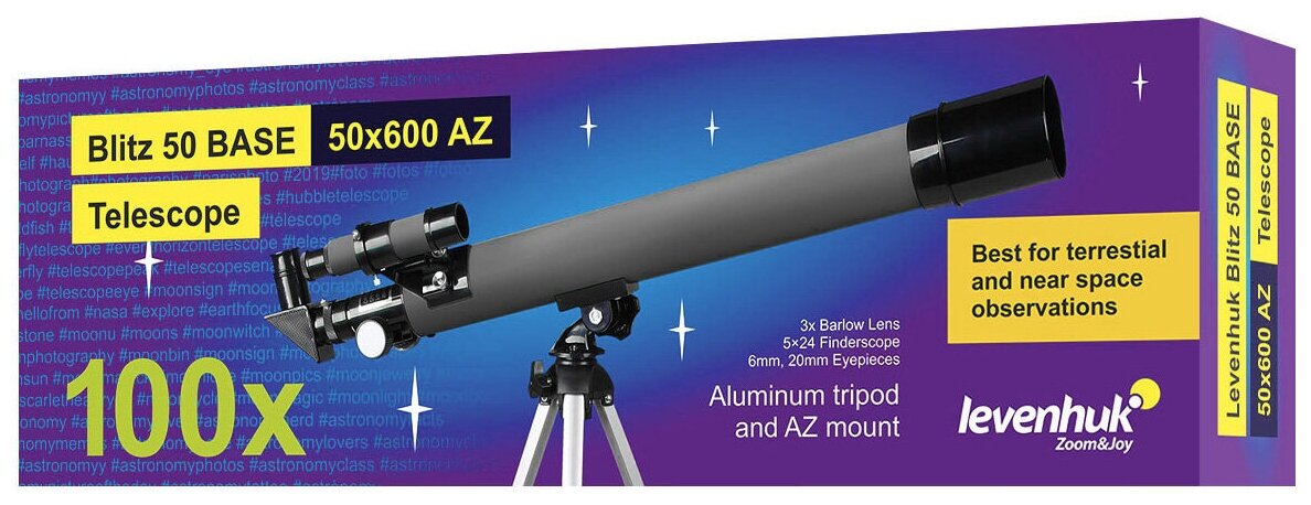 Телескоп Levenhuk Blitz 50 Base рефрактор d50 fl600мм 100x серый/черный - фото №2