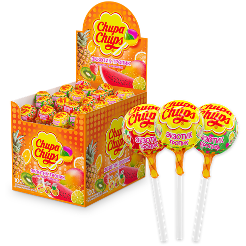 Леденцы Chupa Chups (чупачупс) набор Экзотик-Тропик, 100 шт по 12 г/Коробка чупа-чупсов/ Упаковка/ Карамель на палочке оптом/ Сладости для детей на новый год в школу, детский сад