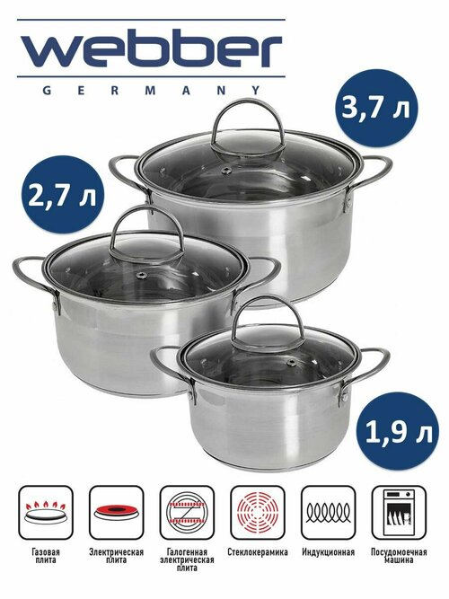 Набор посуды 6 предметов: 3 кастрюли (1,9 л, 2,7 л, 3,7 л) WEBBER BE-629/6