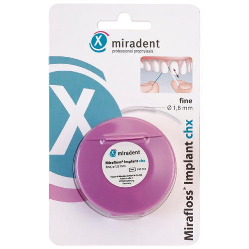 Нить Miradent с хлоргексидином Mirafloss Implant chx fine 1.8 мм, 50 шт по 15 см