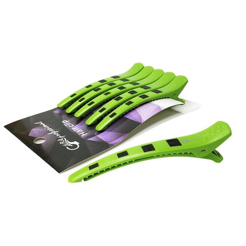 Gera Professional Зажим для волос, цвет зеленый с белой силиконовой вставкой, 6 шт/уп