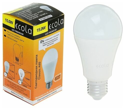 Лампа светодиодная Ecola, А60, 15 Вт, Е27, 2700 К, 120 х 60 мм, матовый шар