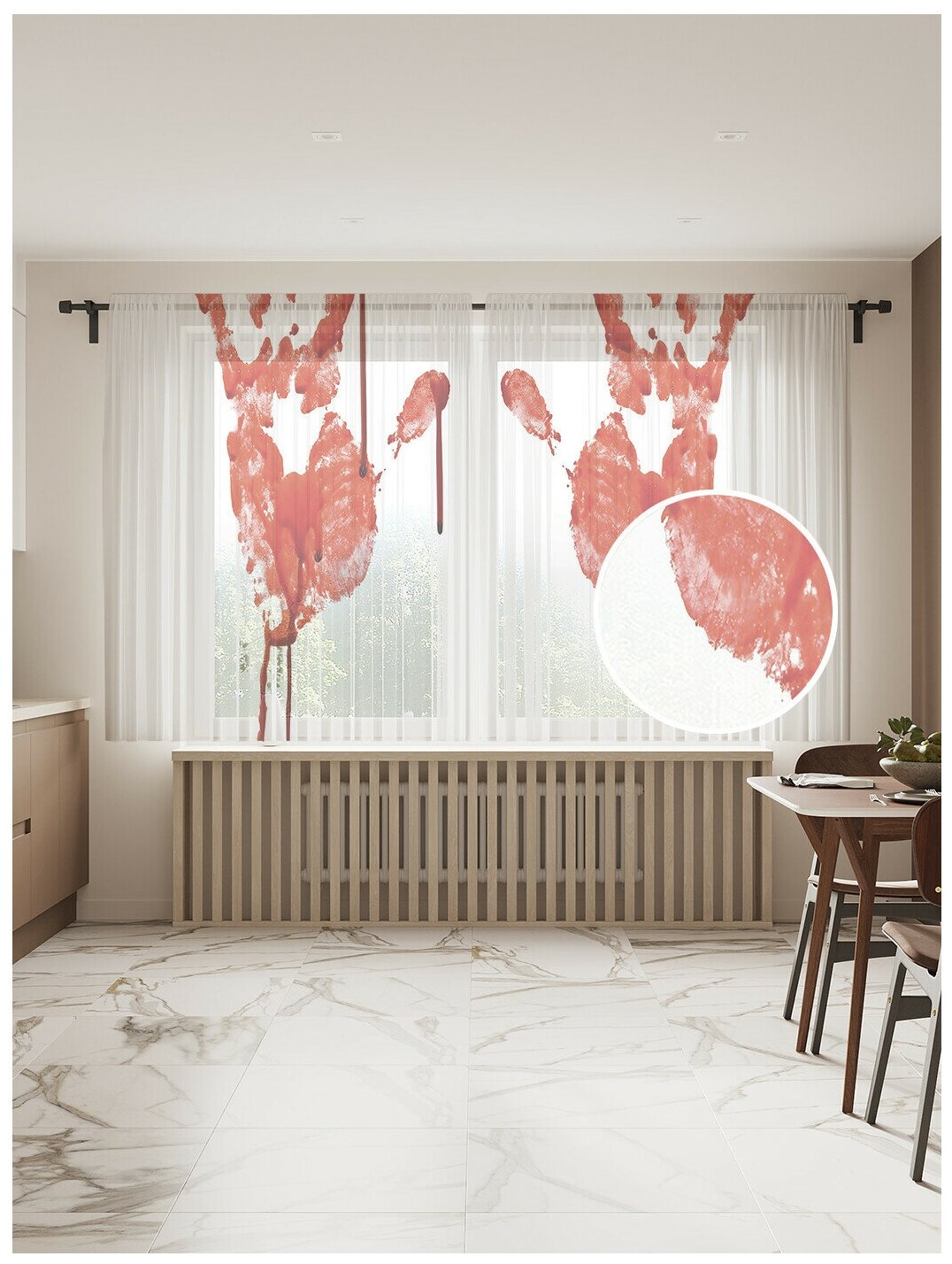 Тюль для кухни и спальни JoyArty "Кровавые ладони", 2 полотна со шторной лентой шириной по 145 см, высота 180 см.