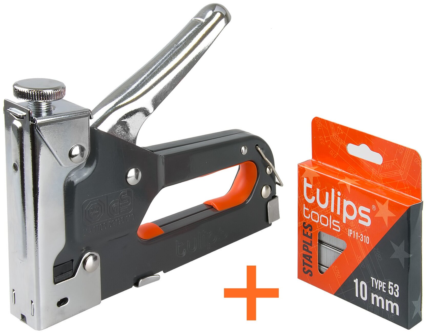 Степлер механический Tulips tools IP11-905, для скоб 53 (4-14мм), регулируемый + набор скоб 53 (10мм) 1000шт.