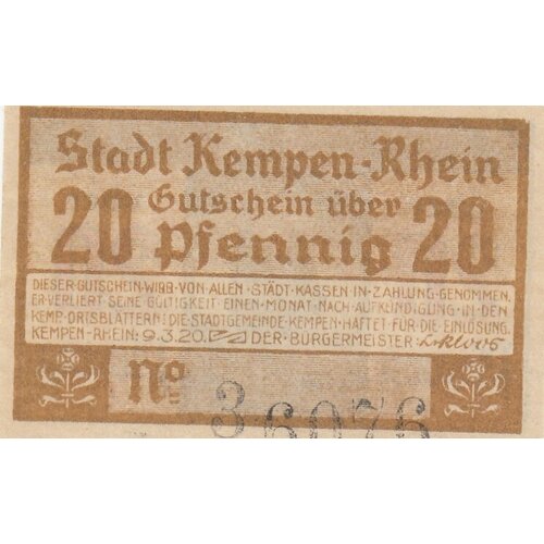 германия веймарская республика кемпен 20 пфеннигов 1920 г 1 2 Германия (Веймарская Республика) Кемпен 20 пфеннигов 1920 г. (№2)