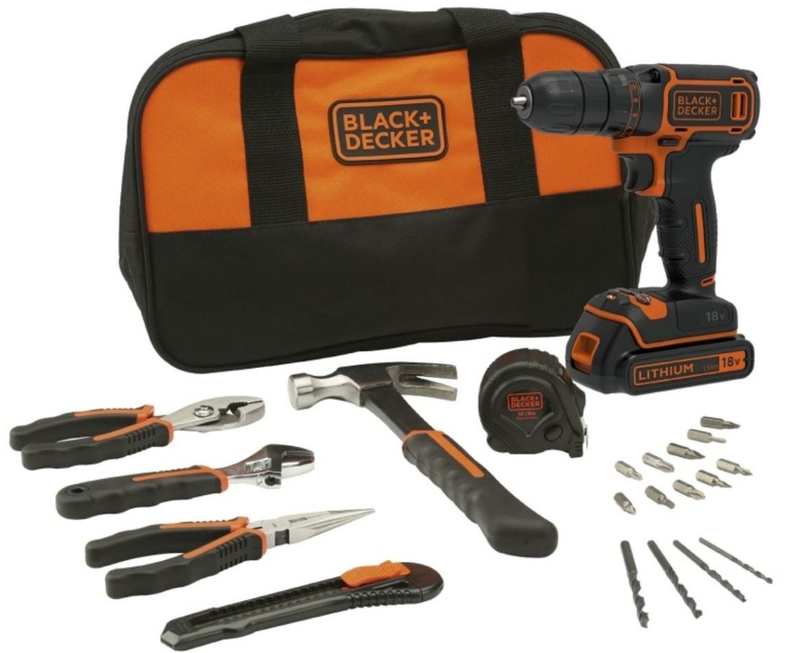 фото Дрель-шуруповёрт аккумуляторная BLACK+DECKER BDCDC18HTSA-QW с набором инструментов BLACK+DECKER BDCDC18HTSA-QW