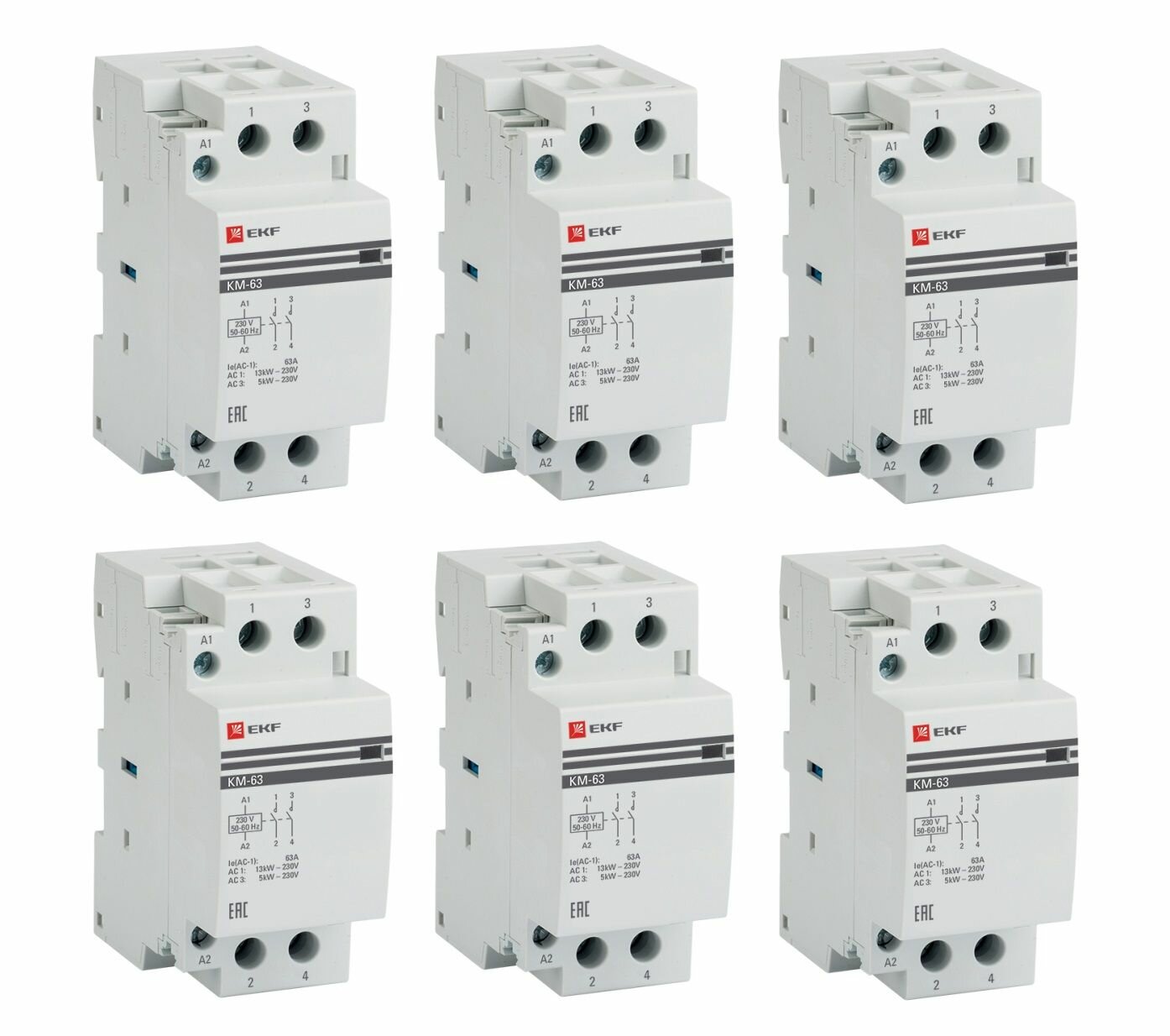 Контактор модульный КМ 63А 2NО (2 мод.) EKF PROxima 6 штук