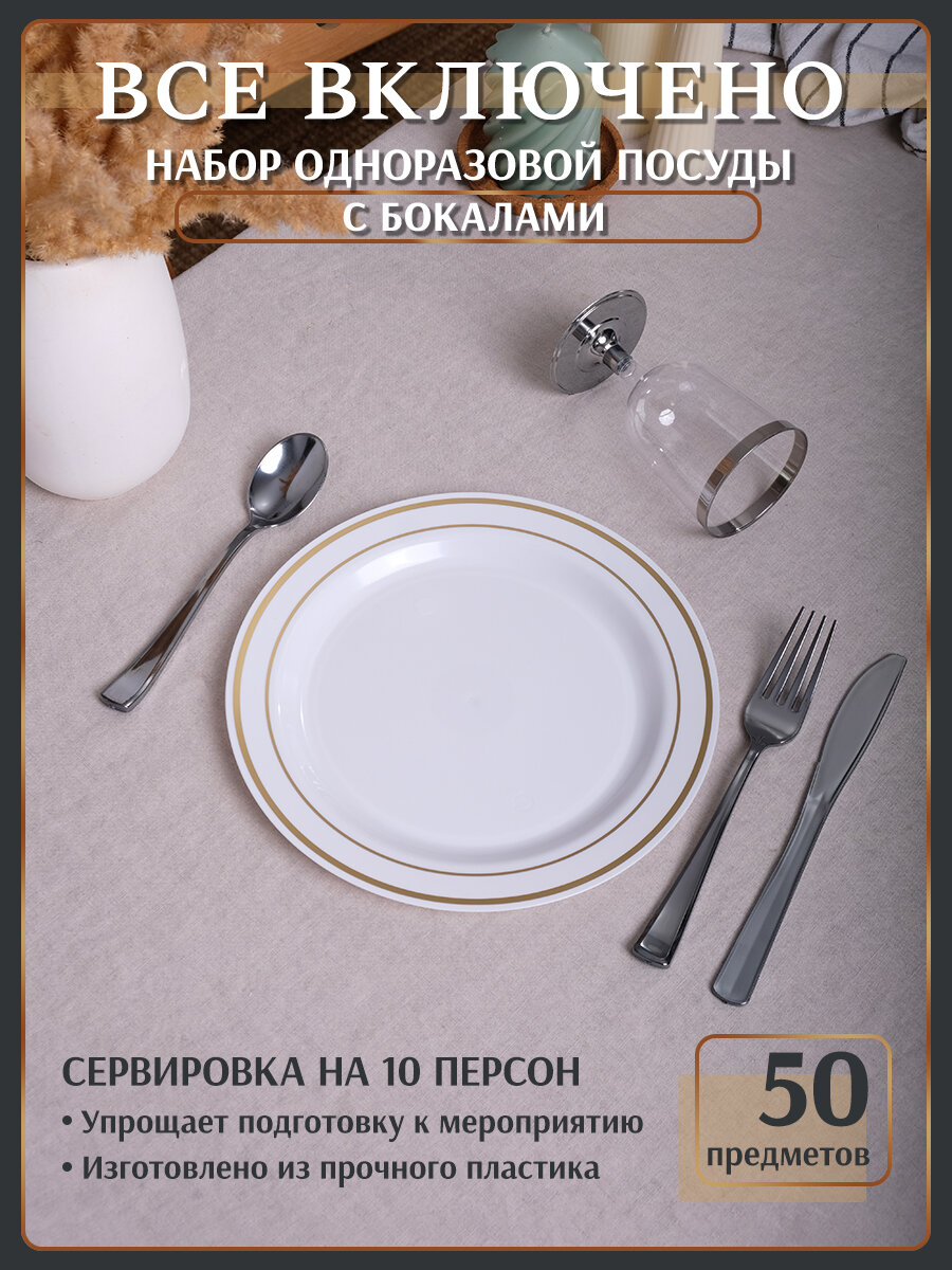 Набор пластиковой одноразовой посуды для праздника на 10 персон. Тарелки 23см. Бокалы. Приборы.