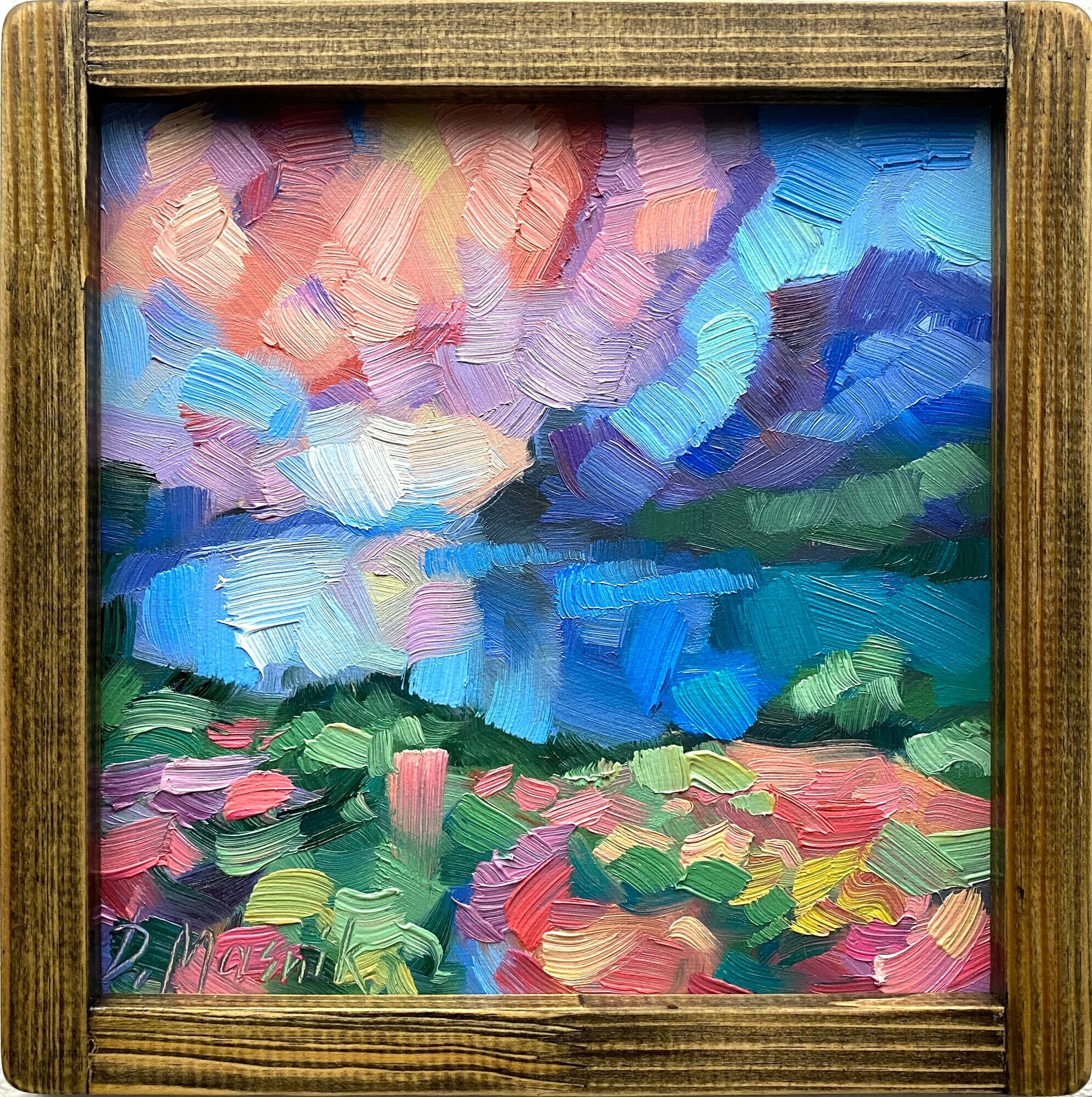 Горный пейзаж картина маслом в раме 23х23 см ручная работа авторская масляная живопись природа озеро в горах закат