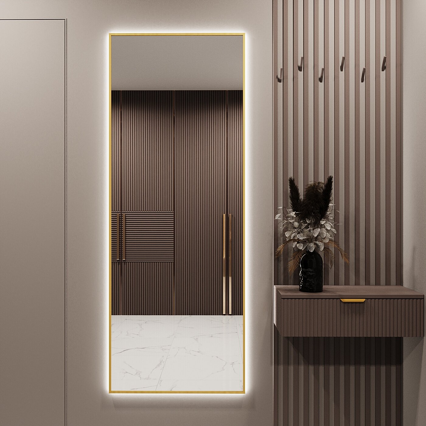 Зеркало с подсветкой в алюминиевой раме настенное Market-house 160х60 см. Свет: Нейтральный Белый 6000К. Золото