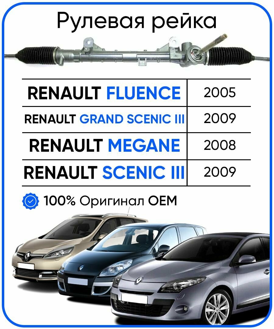 Рулевая рейка, в сборе с рулевыми тягами и пыльниками для Renault Fluence / Рено Флюенс 2005-, Grand Scenic III 2009-, Megane / Меган III 2008-, Scenic III 2009-