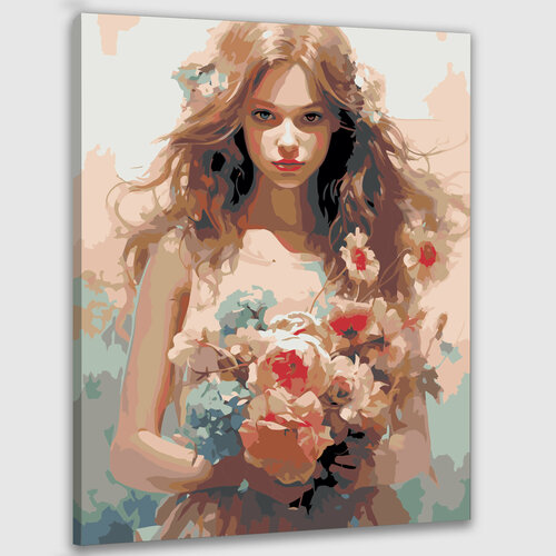 Картина по номерам 50х40 Девушка с букетом картина по номерам две картинки raduga хрустальная ваза с букетом ярких и красочных роз