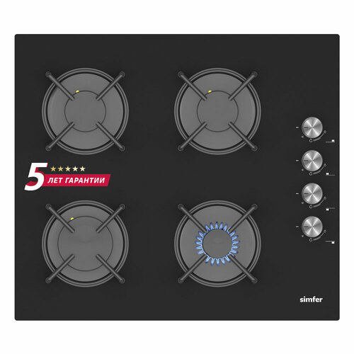Газовая варочная панель Simfer 60см газ-контроль электроподжиг закаленное стекло комплект жиклеров для баллонного газа 5 лет гарантии черный 2359300₽