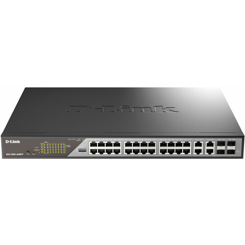 D-Link Smart L2 Surveillance Switch 24х1000Base-T PoE (8 PoE ports 802.3bt 90W), 4xCombo 1000Base-T PoE/SFP, PoE Budget 518W, Long-range PoE up to 250 poe e201