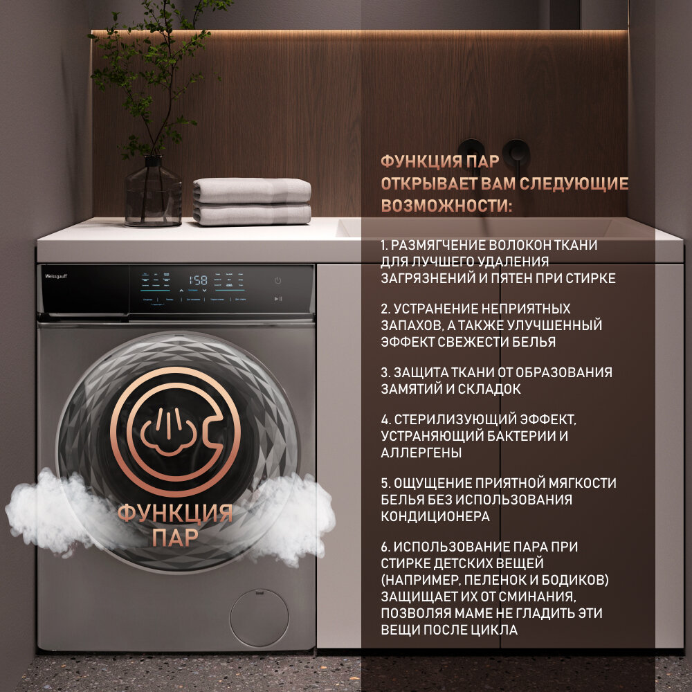 Стиральная машина полноразмерная Weissgauff WM 879 Diamond Inverter Steam, с фронтальной загрузкой, 10кг, 1400об/мин (431000) - фото №4